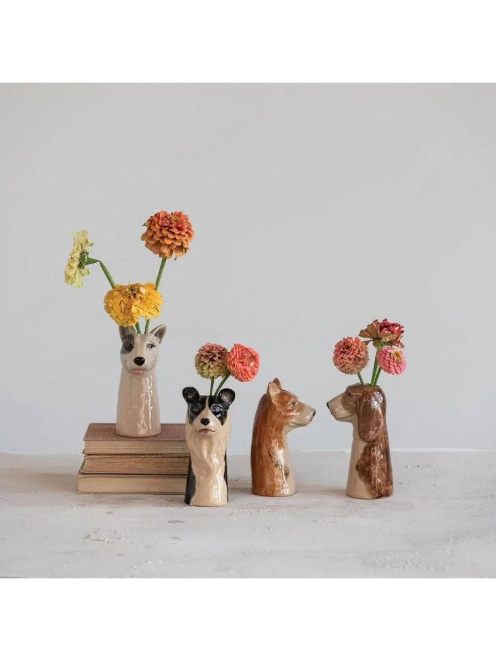 Hand-Painted 4-Piece Stoneware Dog Head Vase Set | Colorful Home Decor Accent